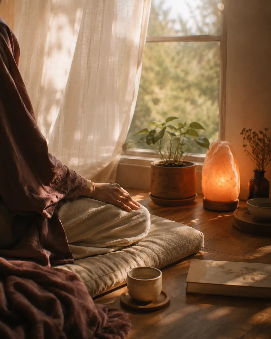 A person sitting in a peaceful space, reflecting