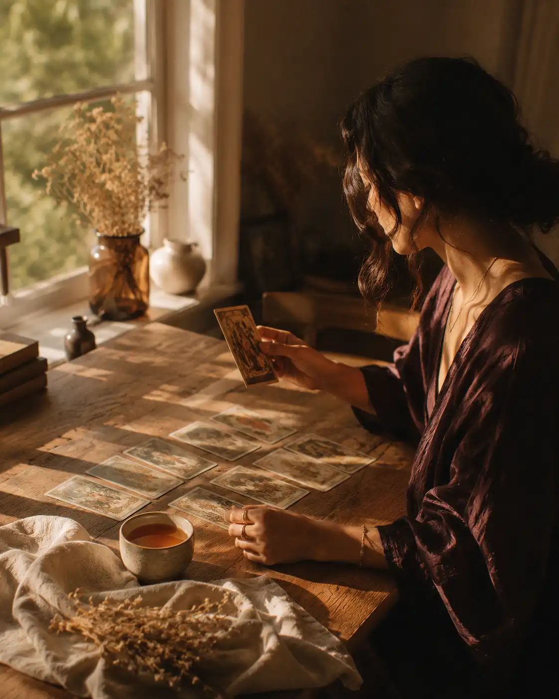A women sitting at a table with Tarot cards laid out, natural light, thoughtful expression