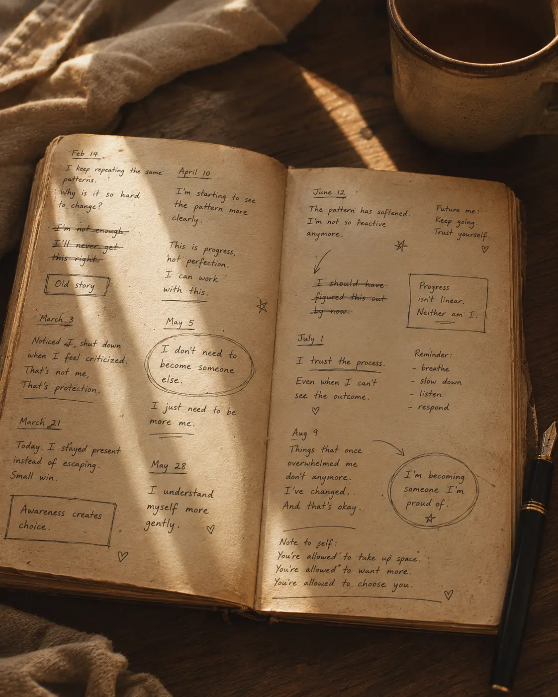 A well-worn notebook with months of layered sketches and notes, warm low light — evidence of sustained, unhurried work.
