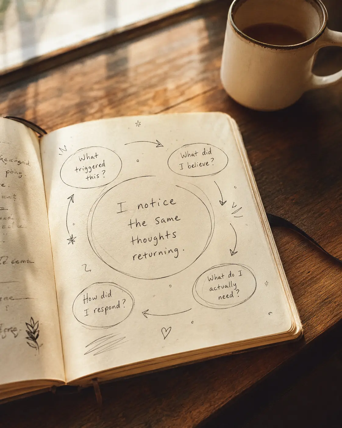 A notebook page with simple hand-drawn circles and arrows sketching out a recurring pattern, natural light — like a private mind-map.