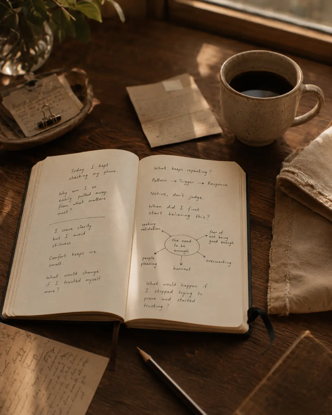A notebook page with simple hand-drawn circles and arrows sketching out a recurring pattern, natural light — like a private mind-map.