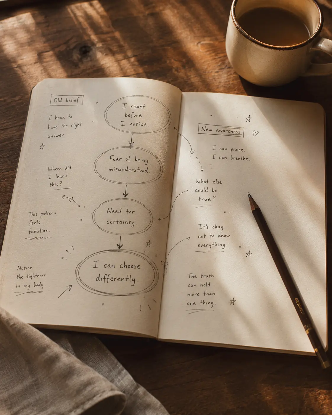 A notebook page with simple hand-drawn circles and arrows sketching out a recurring pattern, natural light — like a private mind-map.
