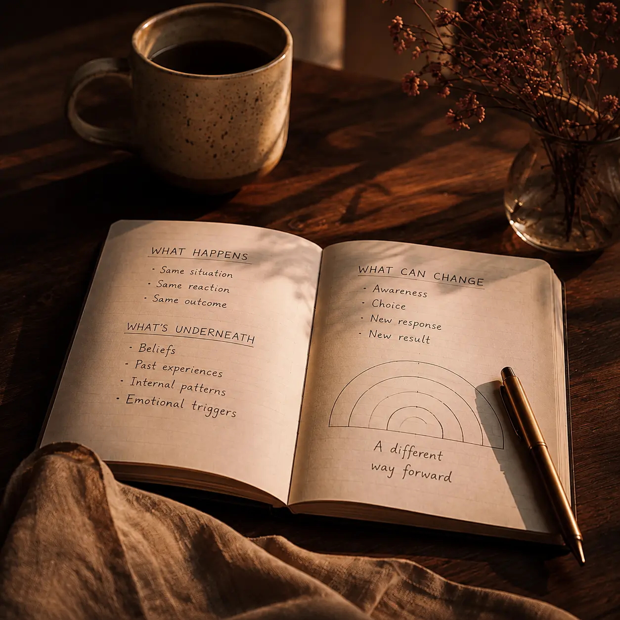 A reflective journal and warm morning setting