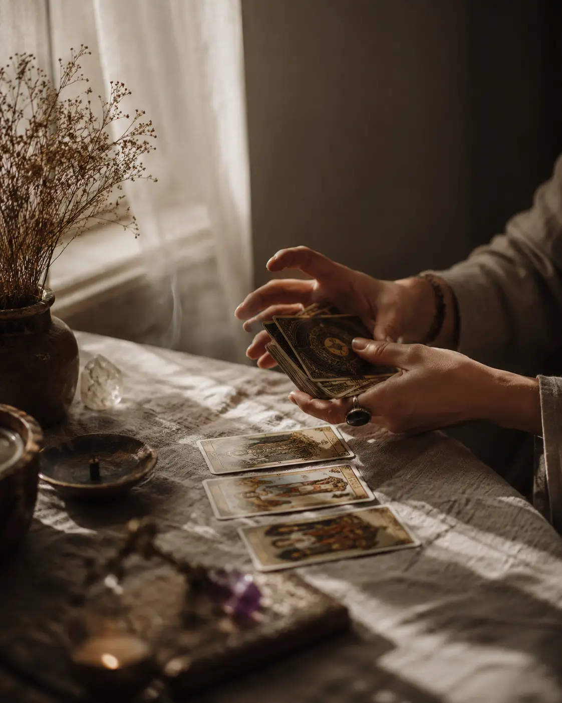 Hands shuffling a tarot deck on a linen table